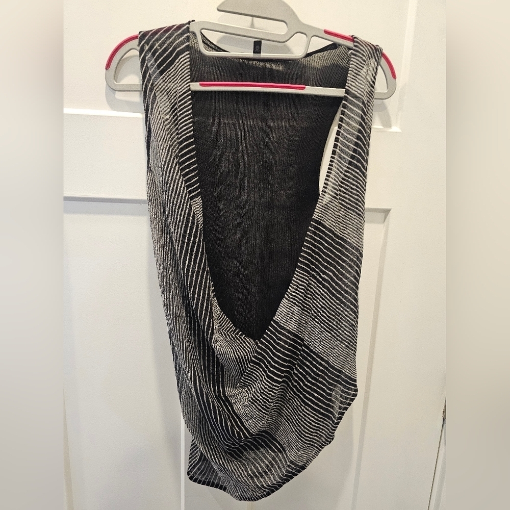 Eileen Fisher Italian Yarn Striped Drape Neck Knit Top Black White Sleeveless